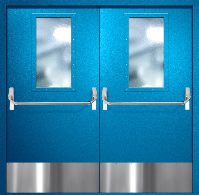 Двупольная противопожарная дверь EI-60 с широкими стеклопакетами, отбойниками и ручками «Антипаника», окрас по RAL 5002