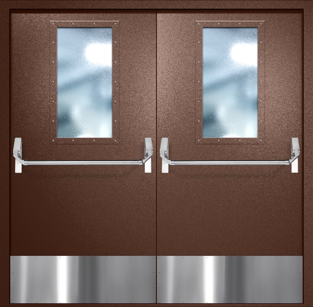 Двупольная противопожарная дверь EI-60 с широкими стеклопакетами, отбойниками и ручками «Антипаника», окрас по RAL 8016 Двупольная противопожарная дверь EI-60 с широкими стеклопакетами, отбойниками и ручками «Антипаника», окрас по RAL 8016