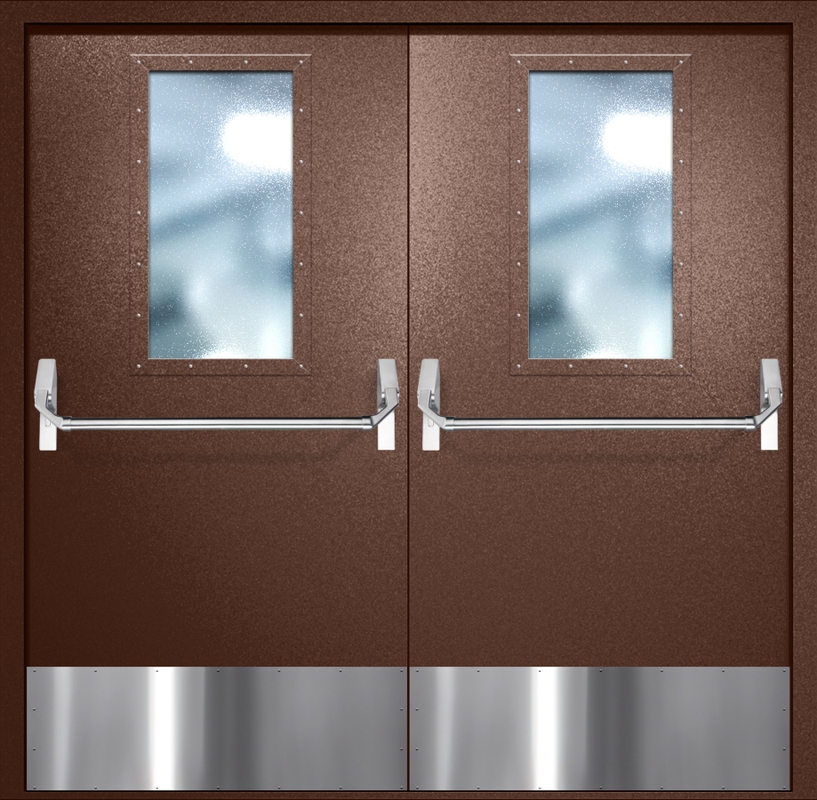 Двупольная противопожарная дверь EI-60 с широкими стеклопакетами, отбойниками и ручками «Антипаника», окрас по RAL 8016