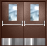 Двупольная противопожарная дверь EI-60 с широкими стеклопакетами, отбойниками и ручками «Антипаника», окрас по RAL 8016