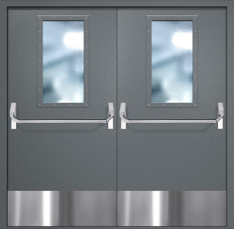 Двупольная противопожарная дверь EI-60 с широкими стеклопакетами, отбойниками и ручками «Антипаника», окрас по RAL 7001