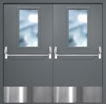 Двупольная противопожарная дверь EI-60 с широкими стеклопакетами, отбойниками и ручками «Антипаника», окрас по RAL 7001