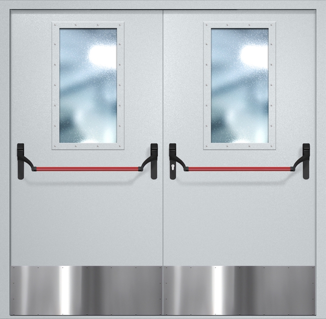 Двупольная противопожарная дверь EI-60 с широкими стеклопакетами, отбойниками и ручками «Антипаника», окрас по RAL