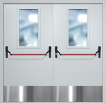 Двупольная противопожарная дверь EI-60 с широкими стеклопакетами, отбойниками и ручками «Антипаника», окрас по RAL