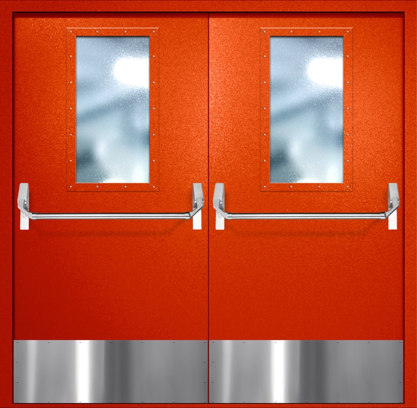 Двупольная противопожарная дверь EI-60 с широкими стеклопакетами, отбойниками и ручками «Антипаника», окрас по RAL 3003