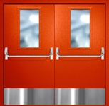 Двупольная противопожарная дверь EI-60 с широкими стеклопакетами, отбойниками и ручками «Антипаника», окрас по RAL 3003