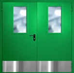 Двупольная противопожарная дверь EI-60 с широкими стеклопакетами и отбойниками, окрас по RAL 6037