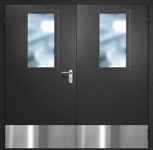 Двупольная противопожарная дверь EI-60 с широкими стеклопакетами, отбойниками и ручками «Антипаника», окрас по RAL 9004