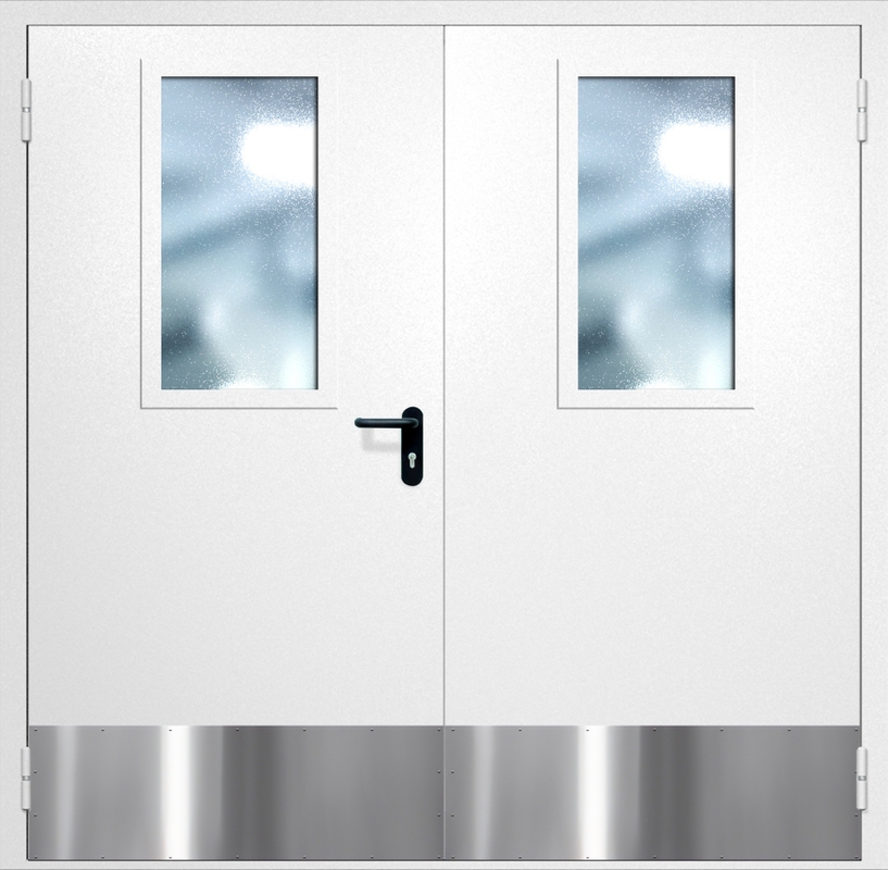 Двупольная противопожарная дверь EI-60 с широкими стеклопакетами и отбойниками, окрас по RAL 9003