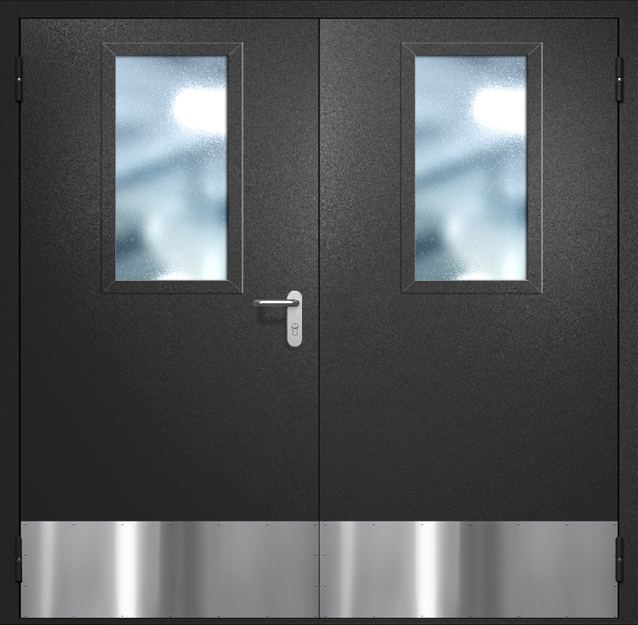 Двупольная противопожарная дверь EI-60 с широкими стеклопакетами и отбойниками, окрас по RAL 9004 Двупольная противопожарная дверь EI-60 с широкими стеклопакетами и отбойниками, окрас по RAL 9004