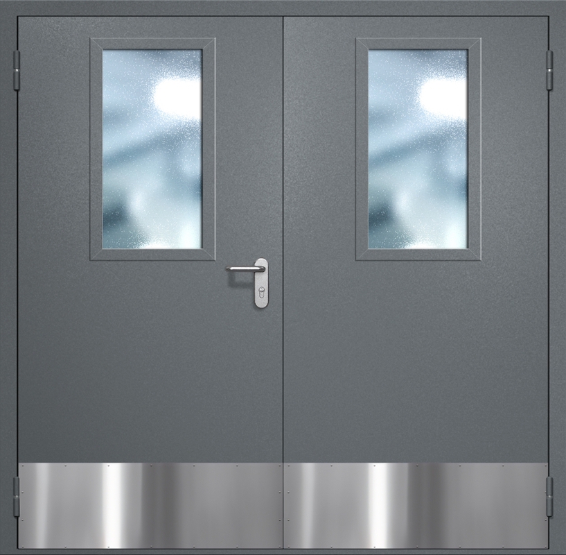 Двупольная противопожарная дверь EI-60 с широкими стеклопакетами, отбойниками и ручками «Антипаника», окрас по RAL 7001