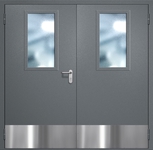 Двупольная противопожарная дверь EI-60 с широкими стеклопакетами, отбойниками и ручками «Антипаника», окрас по RAL 7001