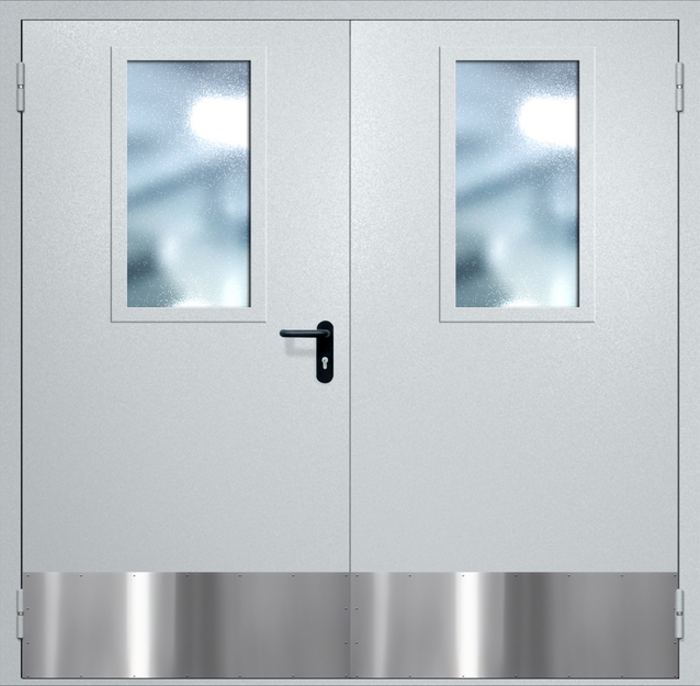 Двупольная противопожарная дверь EI-60 с широкими стеклопакетами и отбойниками, окрас по RAL