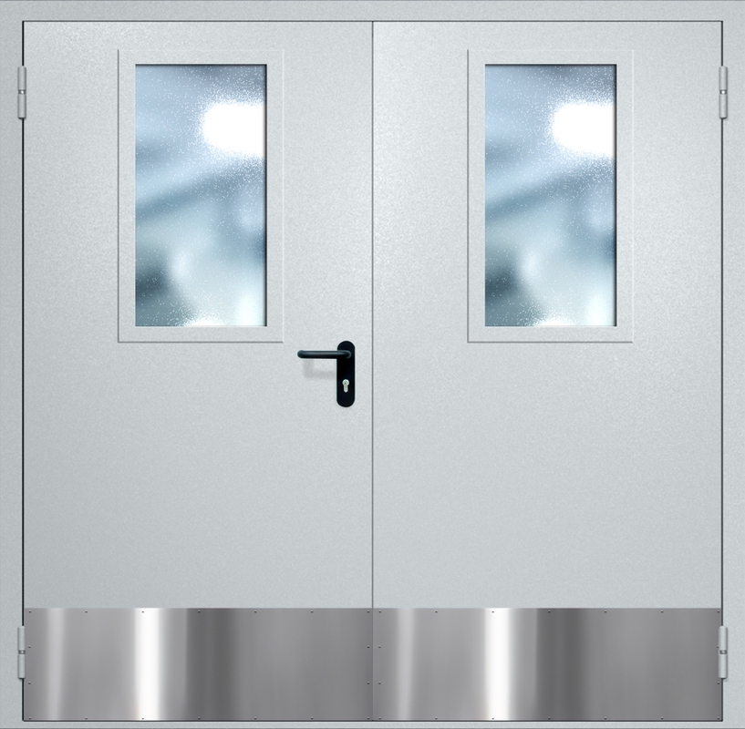 Двупольная противопожарная дверь EI-60 с широкими стеклопакетами и отбойниками, окрас по RAL