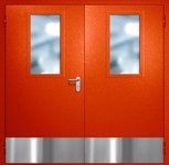 Двупольная противопожарная дверь EI-60 с широкими стеклопакетами и отбойниками, окрас по RAL 3003