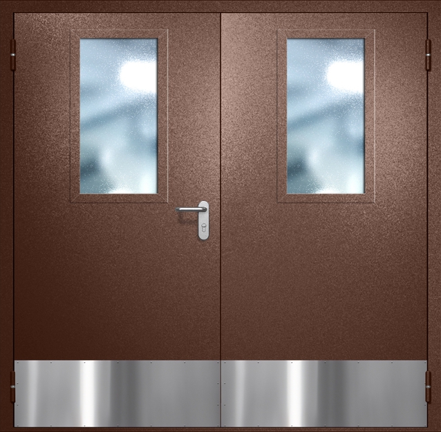 Двупольная противопожарная дверь EI-60 с широкими стеклопакетами и отбойниками, окрас по RAL 8016 Двупольная противопожарная дверь EI-60 с широкими стеклопакетами и отбойниками, окрас по RAL 8016