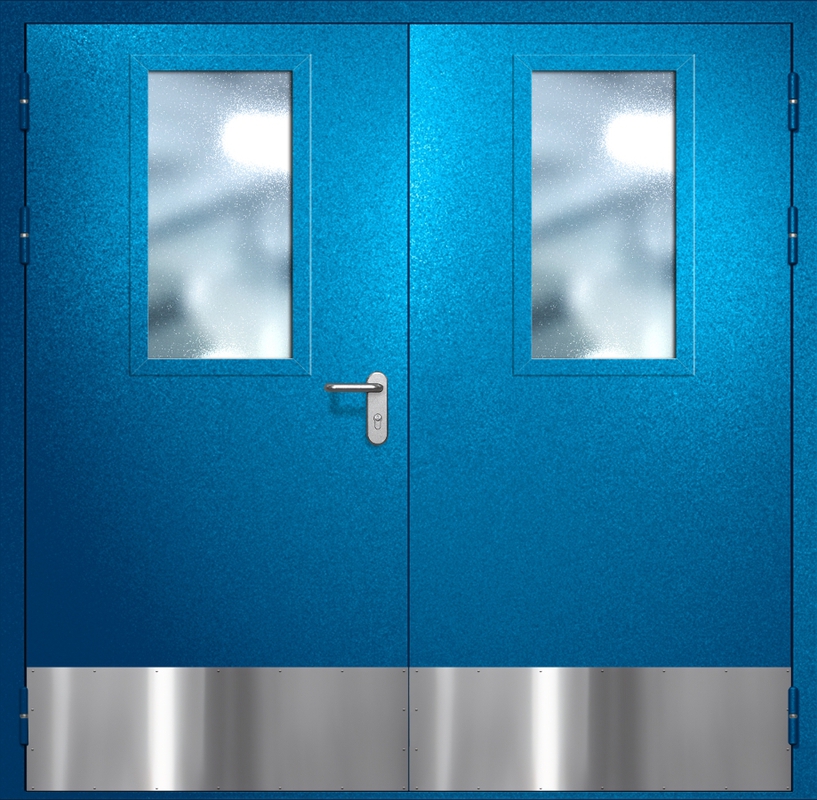 Двупольная противопожарная дверь EI-60 с широкими стеклопакетами, отбойниками и ручками «Антипаника», окрас по RAL 5002 Двупольная противопожарная дверь EI-60 с широкими стеклопакетами, отбойниками и ручками «Антипаника», окрас по RAL 5002
