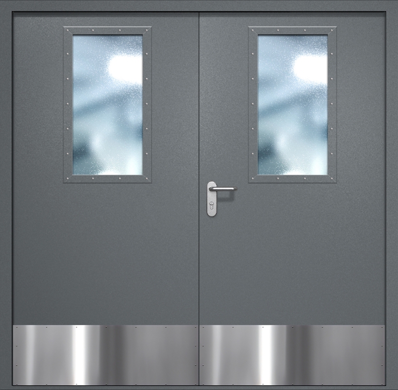 Двупольная противопожарная дверь EI-60 с широкими стеклопакетами и отбойниками, окрас по RAL 7001
