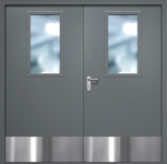 Двупольная противопожарная дверь EI-60 с широкими стеклопакетами и отбойниками, окрас по RAL 7001