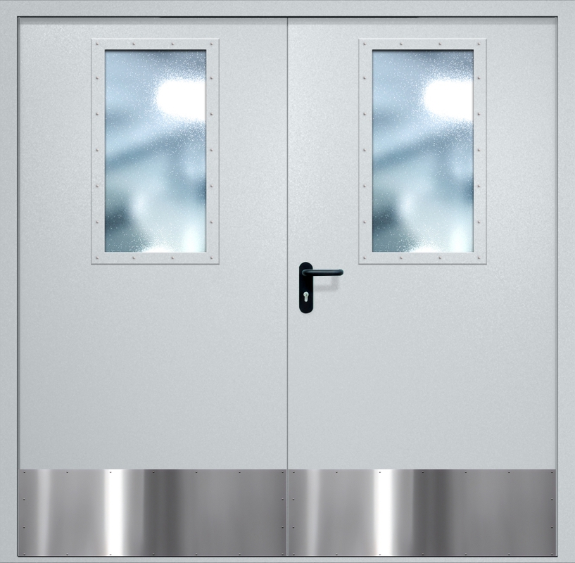 Двупольная противопожарная дверь EI-60 с широкими стеклопакетами и отбойниками, окрас по RAL