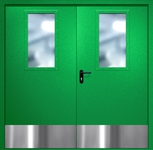 Двупольная противопожарная дверь EI-60 с широкими стеклопакетами и отбойниками, окрас по RAL 6037