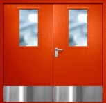 Двупольная противопожарная дверь EI-60 с широкими стеклопакетами и отбойниками, окрас по RAL 3003