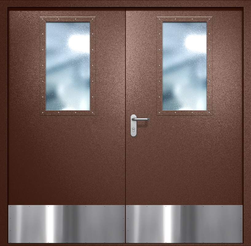 Двупольная противопожарная дверь EI-60 с широкими стеклопакетами и отбойниками, окрас по RAL 8016 Двупольная противопожарная дверь EI-60 с широкими стеклопакетами и отбойниками, окрас по RAL 8016