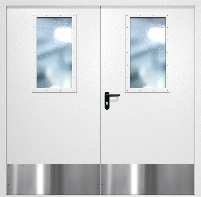 Двупольная противопожарная дверь EI-60 с широкими стеклопакетами и отбойниками, окрас по RAL 9003