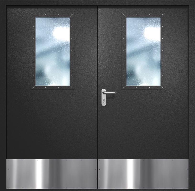 Двупольная противопожарная дверь EI-60 с широкими стеклопакетами и отбойниками, окрас по RAL 9004