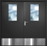 Двупольная противопожарная дверь EI-60 с широкими стеклопакетами и отбойниками, окрас по RAL 9004