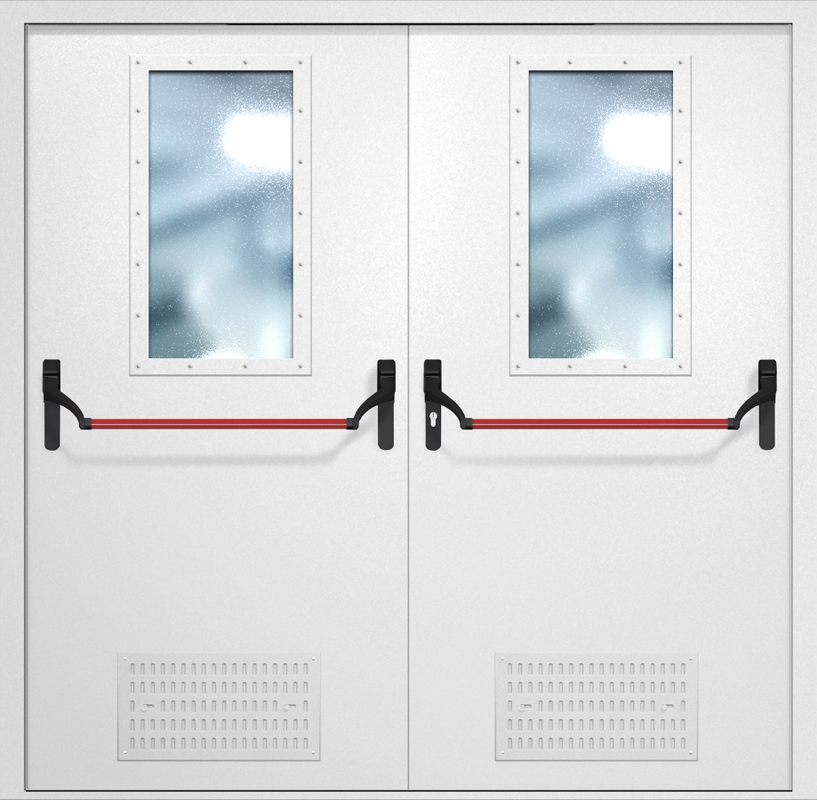 Двупольная противопожарная дверь EI-60 с вентиляцией, широкими стеклопакетами и ручками «Антипаника», окрас по RAL 9003 Двупольная противопожарная дверь EI-60 с вентиляцией, широкими стеклопакетами и ручками «Антипаника», окрас по RAL 9003