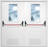 Двупольная противопожарная дверь EI-60 с вентиляцией, широкими стеклопакетами и ручками «Антипаника», окрас по RAL 9003