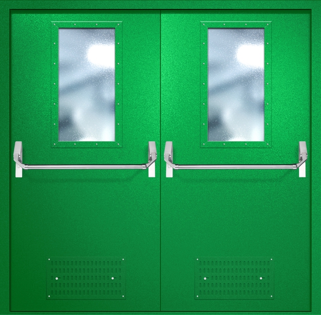 Двупольная противопожарная дверь EI-60 с вентиляцией, широкими стеклопакетами и ручками «Антипаника», окрас по RAL 6037 Двупольная противопожарная дверь EI-60 с вентиляцией, широкими стеклопакетами и ручками «Антипаника», окрас по RAL 6037