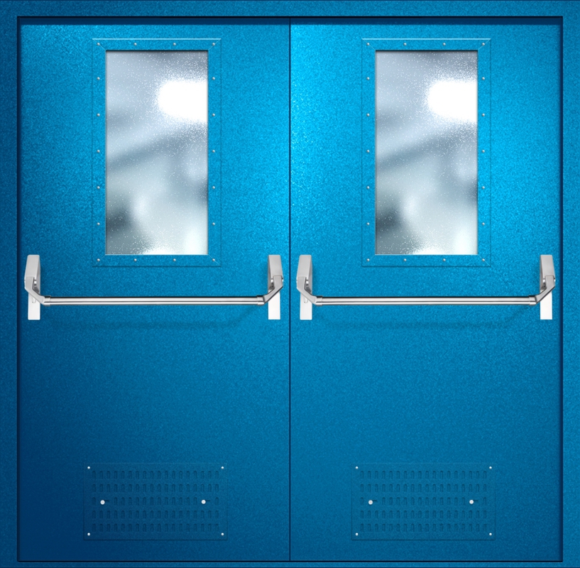 Двупольная противопожарная дверь EI-60 с вентиляцией, широкими стеклопакетами и ручками «Антипаника», окрас по RAL 5002