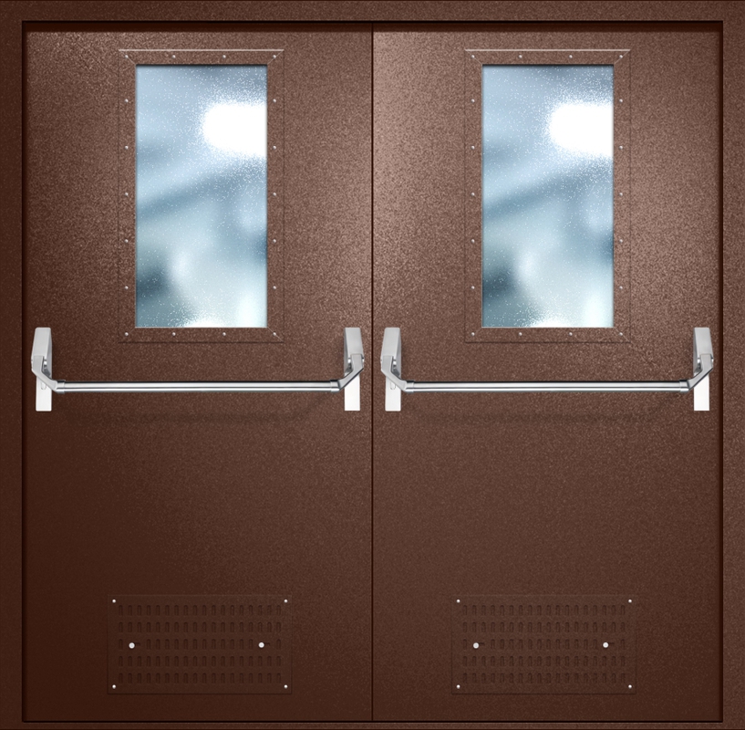 Двупольная противопожарная дверь EI-60 с вентиляцией, широкими стеклопакетами и ручками «Антипаника», окрас по RAL 8016 Двупольная противопожарная дверь EI-60 с вентиляцией, широкими стеклопакетами и ручками «Антипаника», окрас по RAL 8016