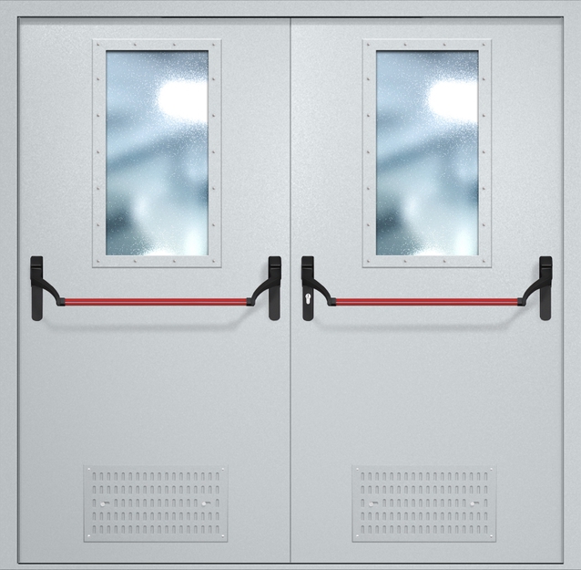 Двупольная противопожарная дверь EI-60 с вентиляцией, широкими стеклопакетами и ручками «Антипаника», окрас по RAL