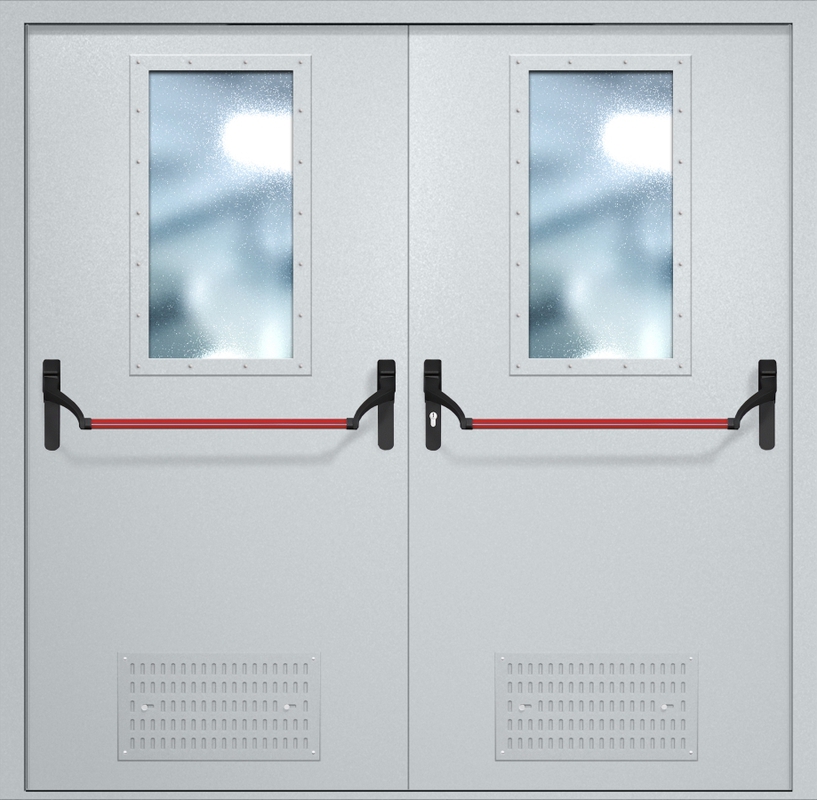 Двупольная противопожарная дверь EI-60 с вентиляцией, широкими стеклопакетами и ручками «Антипаника», окрас по RAL