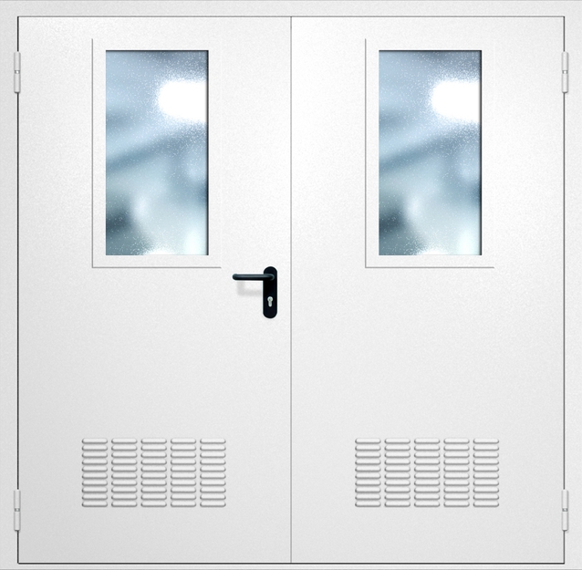 Двупольная противопожарная дверь EI-60 с вентиляцией и широкими стеклопакетами, окрас по RAL 9003