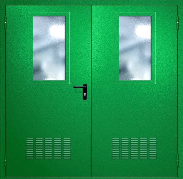 Двупольная противопожарная дверь EI-60 с вентиляцией и широкими стеклопакетами, окрас по RAL 6037 Двупольная противопожарная дверь EI-60 с вентиляцией и широкими стеклопакетами, окрас по RAL 6037