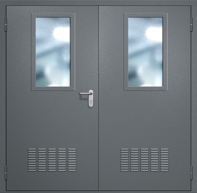 Двупольная противопожарная дверь EI-60 с вентиляцией и широкими стеклопакетами, окрас по RAL 7001