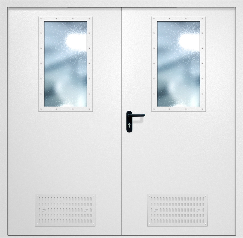 Двупольная противопожарная дверь EI-60 с вентиляцией и широкими стеклопакетами, окрас по RAL 9003