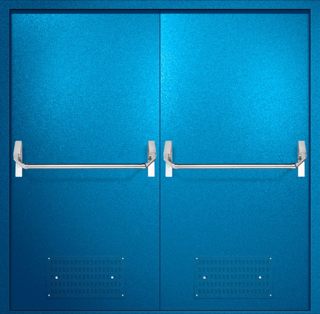 Двупольная противопожарная дверь EI-60 с вентиляцией и ручками «Антипаника», окрас по RAL 5002