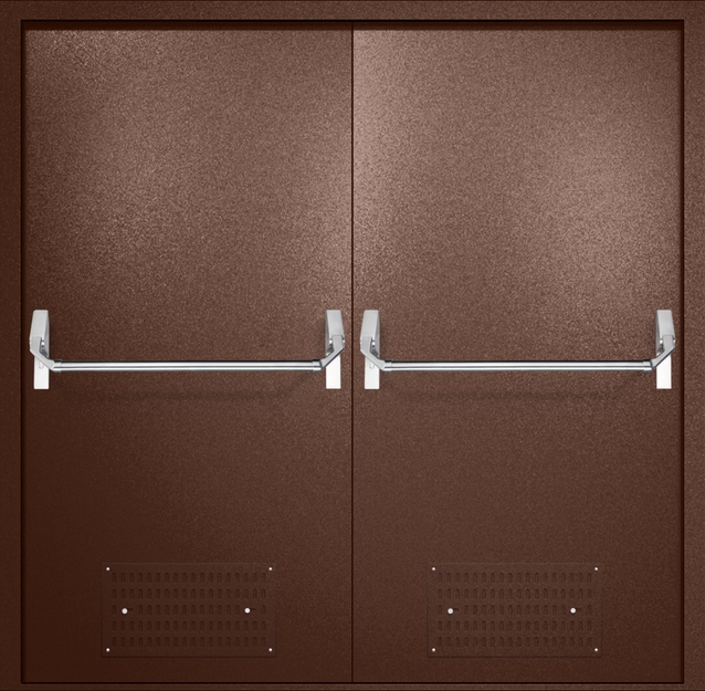 Двупольная противопожарная дверь EI-60 с вентиляцией и ручками «Антипаника», окрас по RAL 8016 Двупольная противопожарная дверь EI-60 с вентиляцией и ручками «Антипаника», окрас по RAL 8016