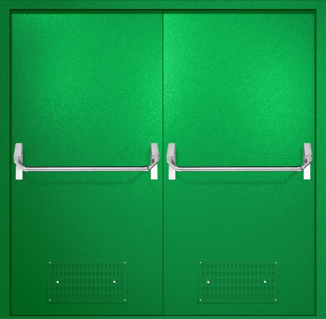 Двупольная противопожарная дверь EI-60 с вентиляцией и ручками «Антипаника», окрас по RAL 6037 Двупольная противопожарная дверь EI-60 с вентиляцией и ручками «Антипаника», окрас по RAL 6037