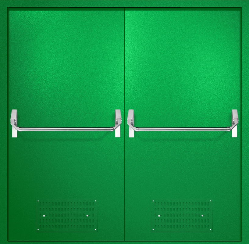 Двупольная противопожарная дверь EI-60 с вентиляцией и ручками «Антипаника», окрас по RAL 6037