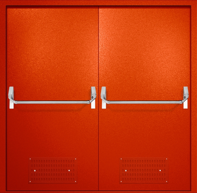 Двупольная противопожарная дверь EI-60 с вентиляцией и ручками «Антипаника», окрас по RAL 3003 Двупольная противопожарная дверь EI-60 с вентиляцией и ручками «Антипаника», окрас по RAL 3003