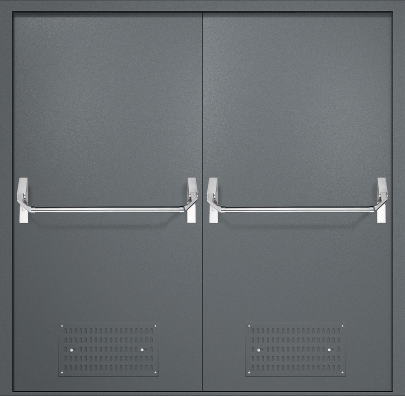 Двупольная противопожарная дверь EI-60 с вентиляцией и ручками «Антипаника», окрас по RAL 7001