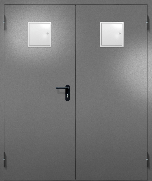 Двупольная противопожарная дверь EI-60 с двумя стыковочными узлами сверху, окрас по RAL 7001 Двупольная противопожарная дверь EI-60 с двумя стыковочными узлами сверху, окрас по RAL 7001