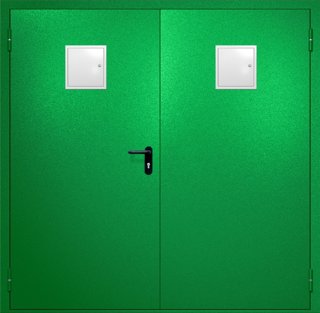 Двупольная противопожарная дверь EI-60 с двумя стыковочными узлами сверху, окрас по RAL 6037 Двупольная противопожарная дверь EI-60 с двумя стыковочными узлами сверху, окрас по RAL 6037