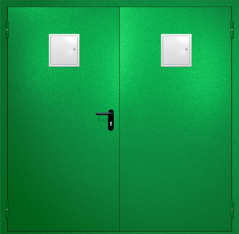 Двупольная противопожарная дверь EI-60 с двумя стыковочными узлами сверху, окрас по RAL 6037